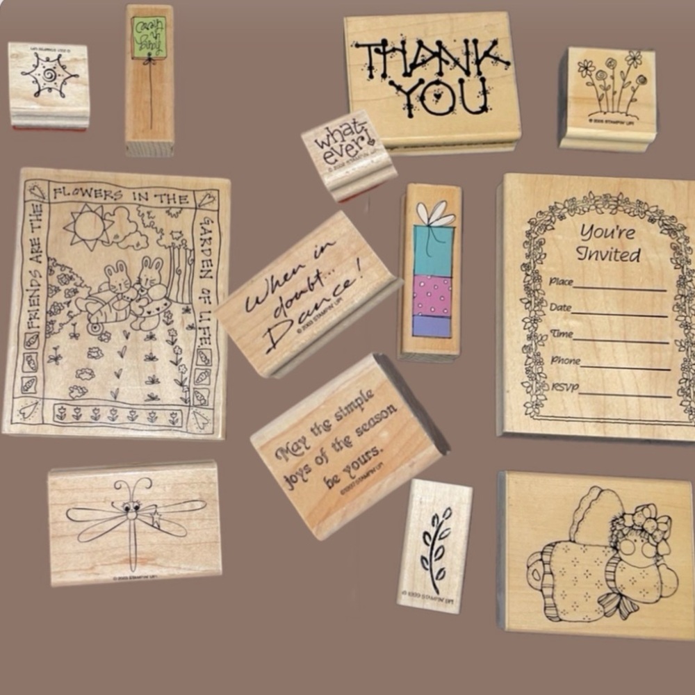 13 wooden Stamps bundle large and small mostly new.